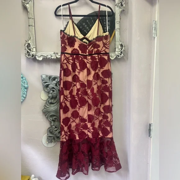 Lulu's Burgundy & Nude Floral Lace Midi Dress - Picture 3 of 6